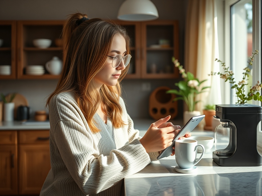 A young woman with glasses is sitting at a kitchen table, looking at her phone with coffee beside her.