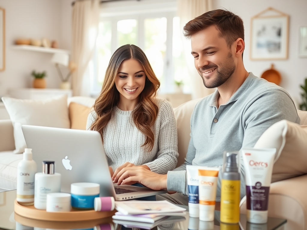 A couple smiles while working on a laptop, surrounded by various skincare products on a coffee table.