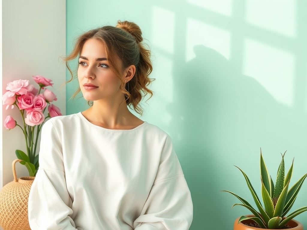 A young woman with wavy hair is sitting near pink roses and a green plant against a light turquoise wall.