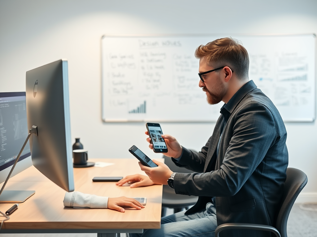 A man in a blazer uses two smartphones at a desk, working in a modern office with a whiteboard in the background.