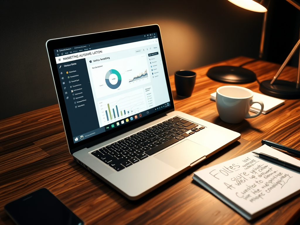 A laptop displaying marketing analytics, a cup, a notepad with notes, and a phone on a wooden desk.