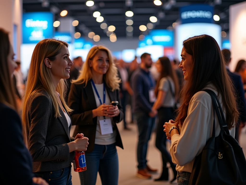 Three women conversing at a busy conference event, smiling and engaged.