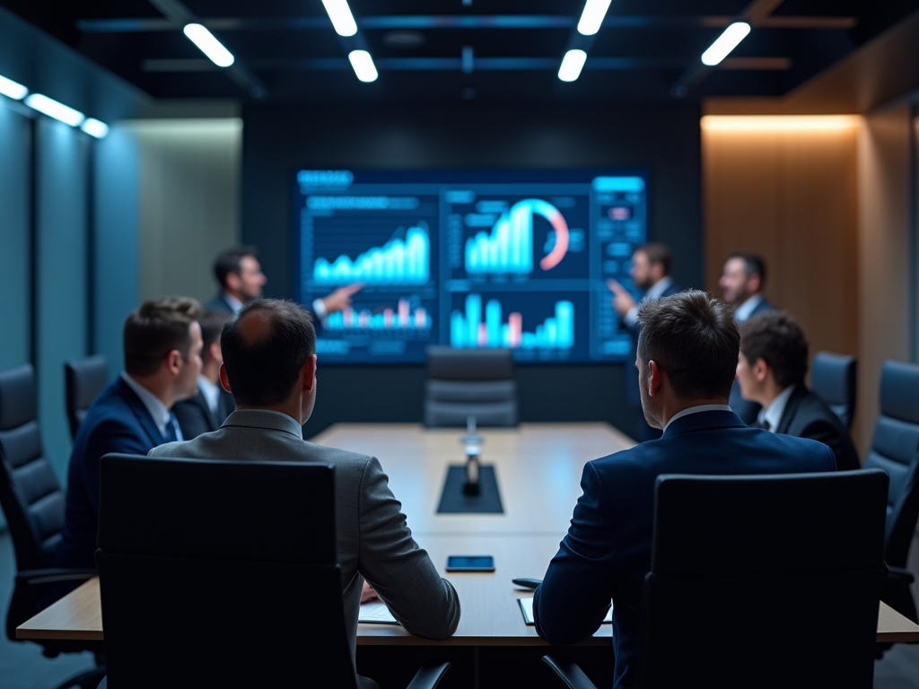 Business professionals in a meeting room with digital displays showing financial data.