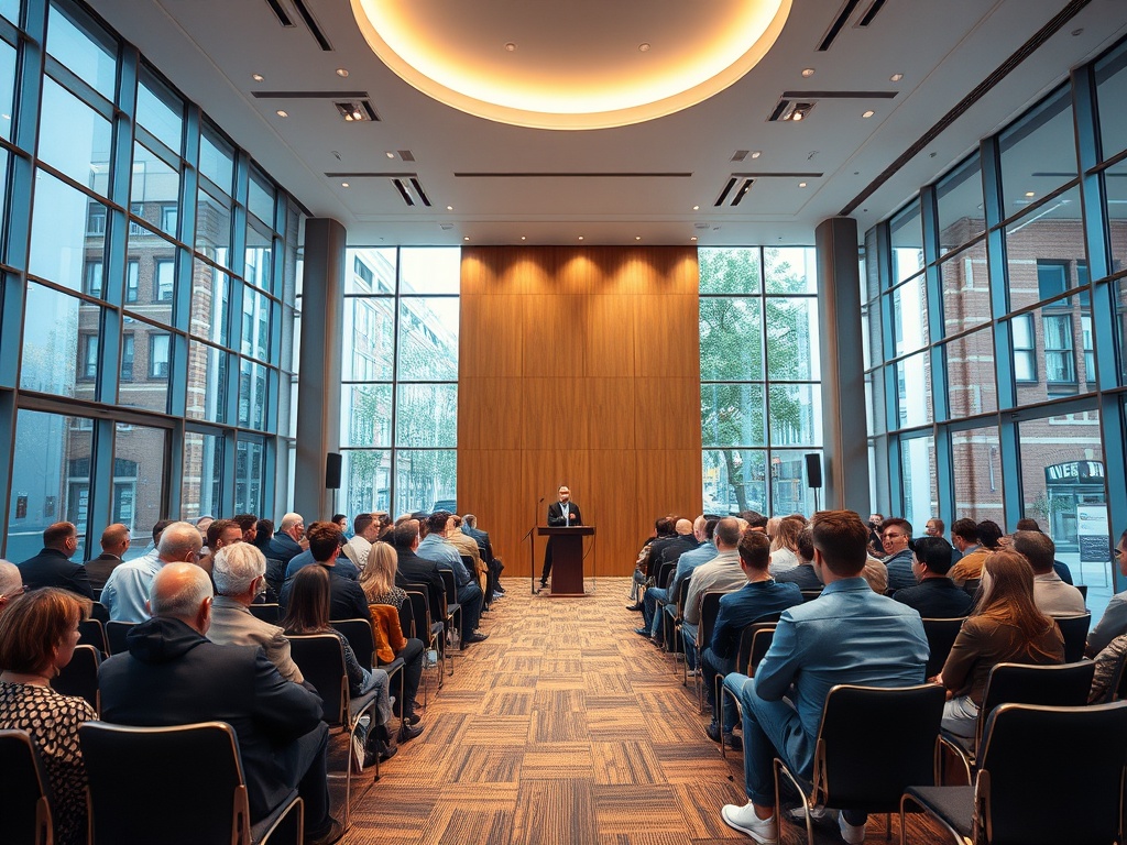 A speaker addresses an audience in a modern conference room with large windows and wooden accents.