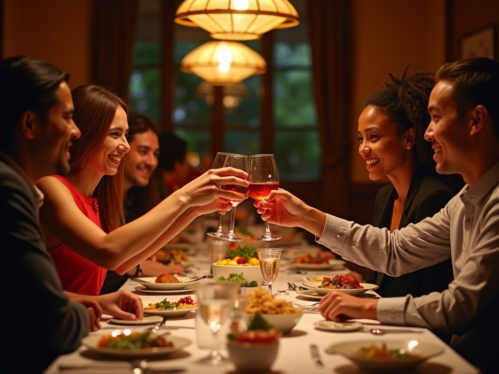 Group of friends toasting with wine at a cozy dinner table in a warmly lit room.