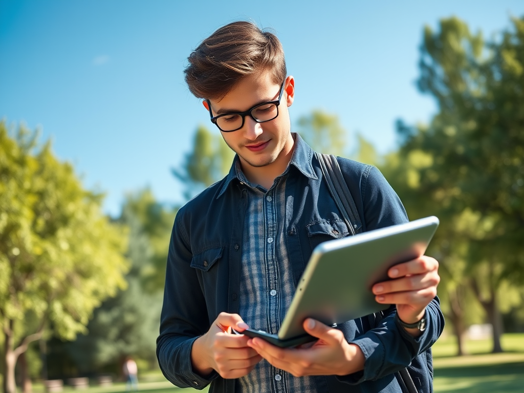 A young man with glasses checks his tablet while standing in a sunny park surrounded by trees.