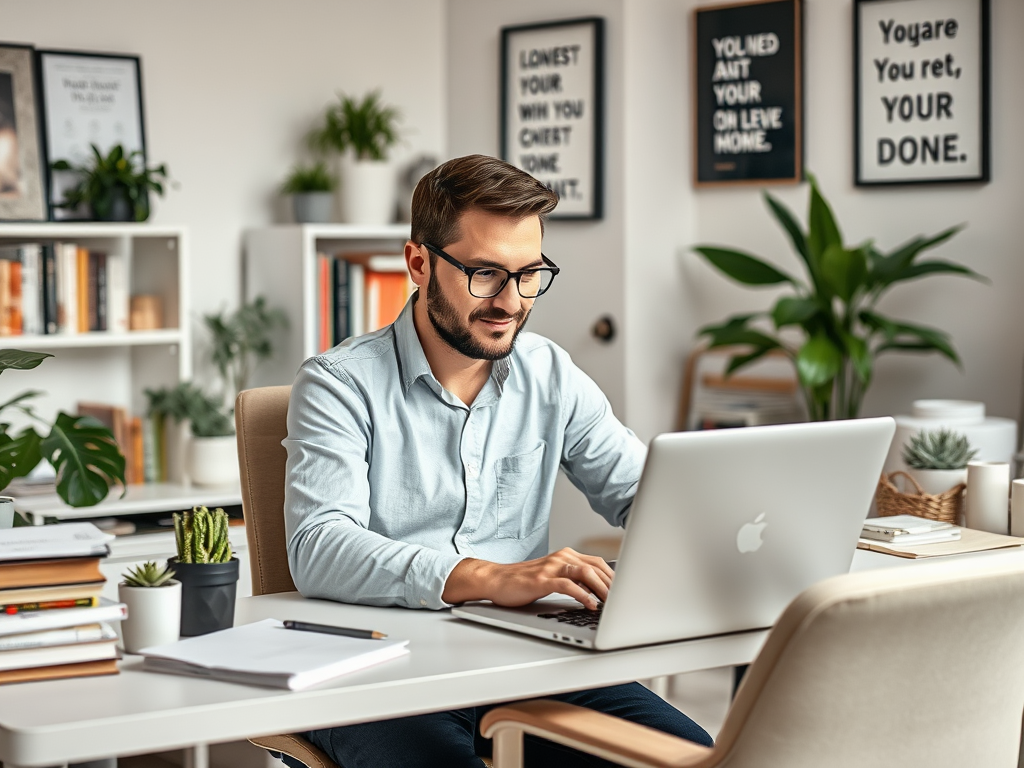 A man with glasses is working on a laptop at a desk in a cozy office filled with plants and books.