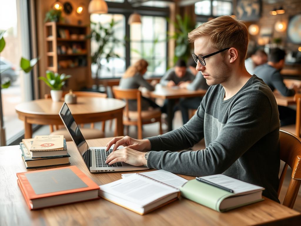 A young man with glasses types on a laptop at a café, surrounded by books and other students working nearby.