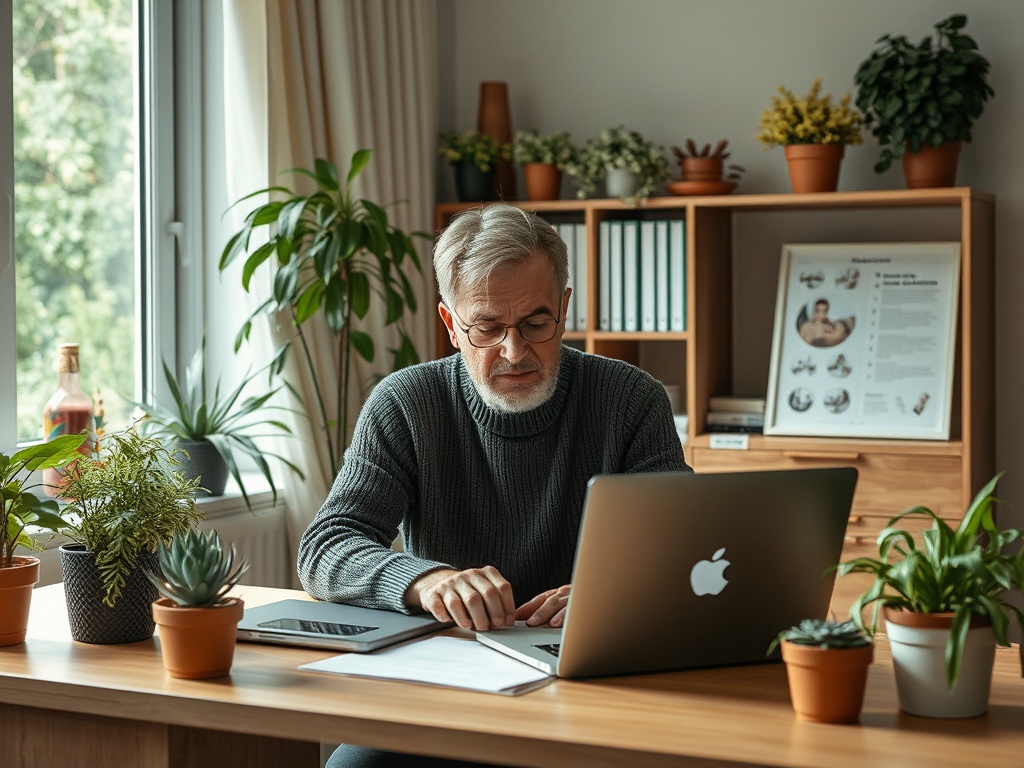 A man with glasses works intently on a laptop in a cozy, plant-filled office space.