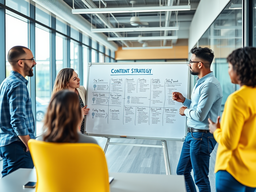 A team discusses content strategy in a bright office, focusing on a presentation board with detailed notes.