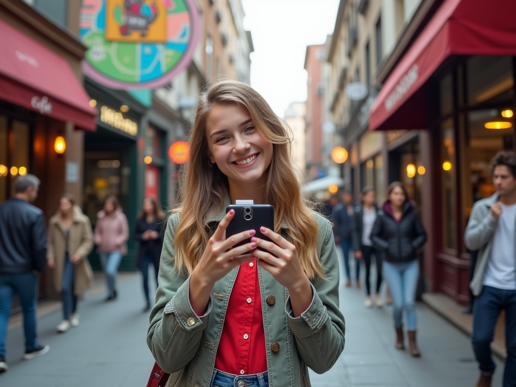 Young woman smiling at phone in busy city street, vibrant signs and pedestrians in background.