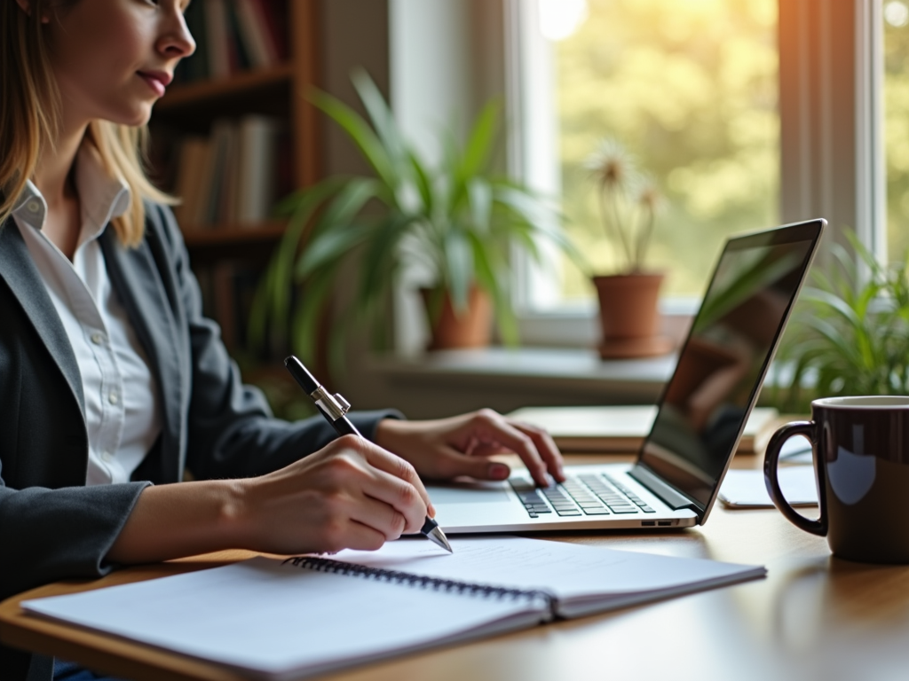 A person in a blazer writes in a notebook while typing on a laptop, with plants and a coffee mug nearby.