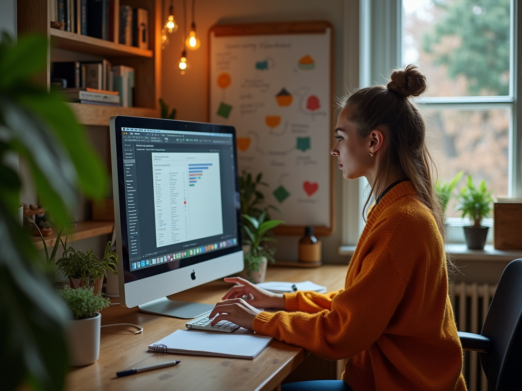 Woman in yellow sweater working diligently on computer in a plant-decorated office space.