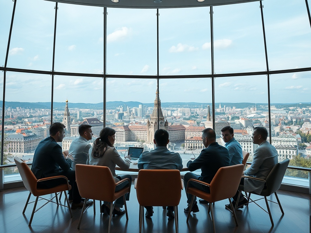 A group of people in a meeting room with large windows overlooking a city skyline.