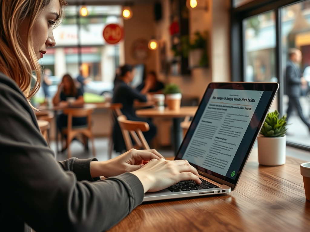 A woman types on a laptop in a cozy café, focused on the screen with people seated nearby.