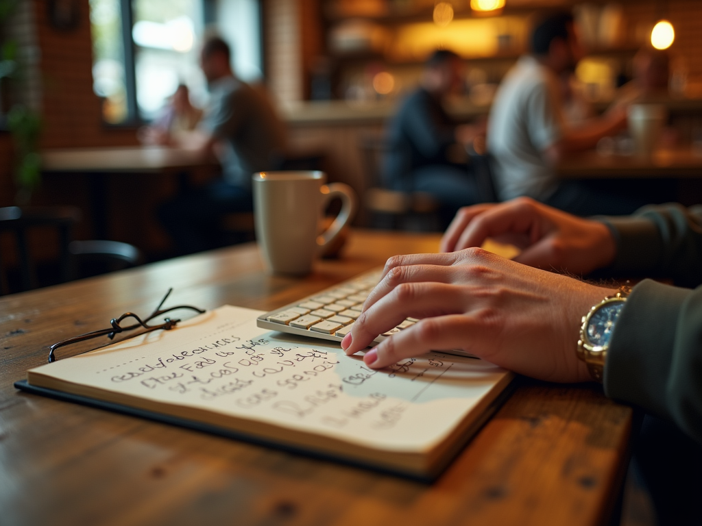 A person types on a keyboard while a notebook with handwritten notes and a coffee cup sit on a wooden table.