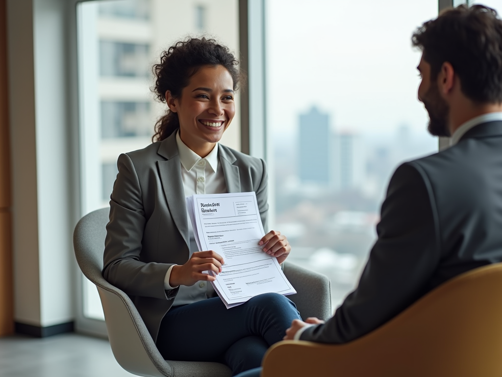 A woman in a suit smiles and holds a document during a job interview with a man in a suit.