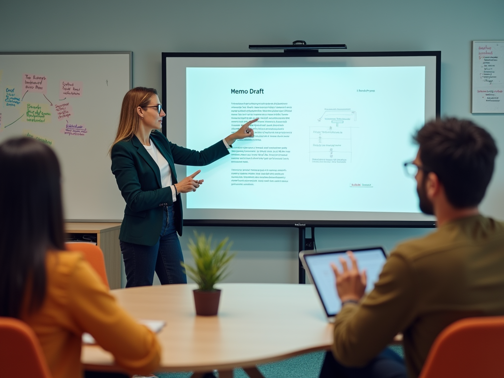 A woman presents a memo draft on a screen to attentive colleagues in a modern meeting room.