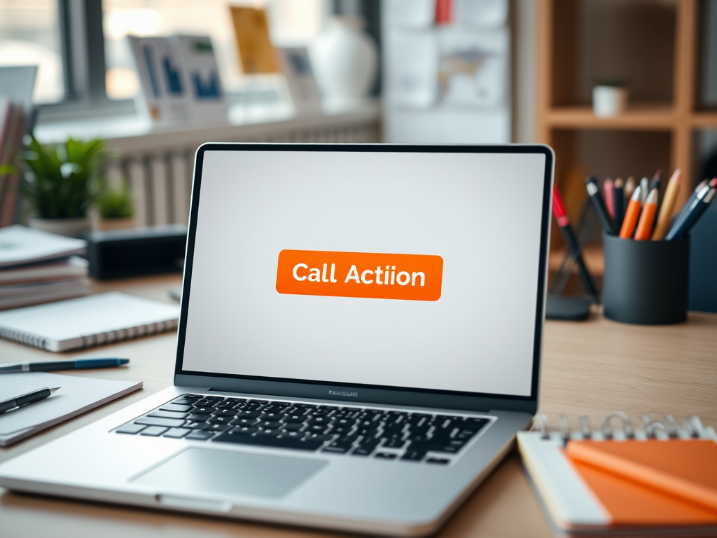 A laptop on a desk displays the text "Call Action" in orange, surrounded by stationery and plants.