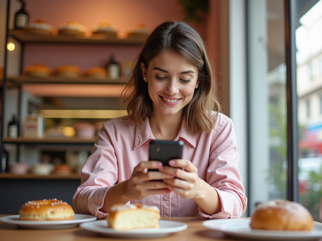 Young woman smiling at her phone in a café with pastries on the table.