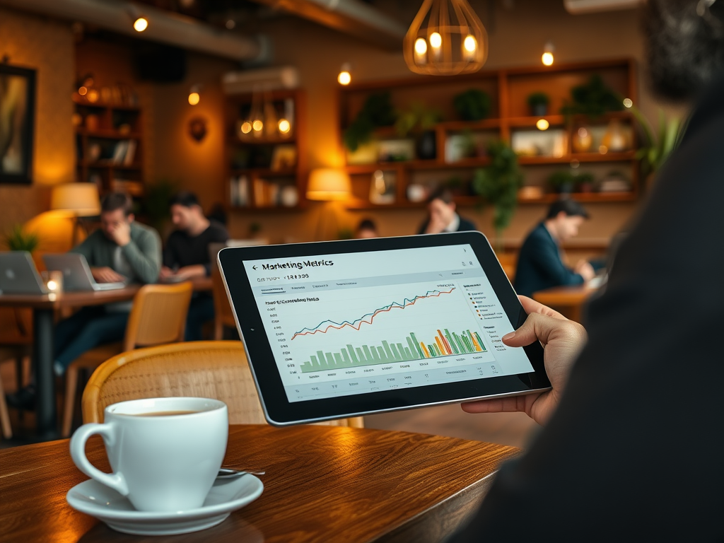 A person holds a tablet displaying marketing metrics, with a coffee cup and a busy café in the background.