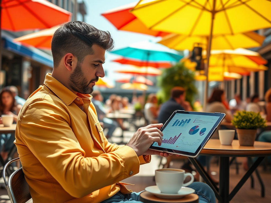 A man in a yellow shirt reviews data on a tablet while enjoying coffee at a vibrant outdoor café.