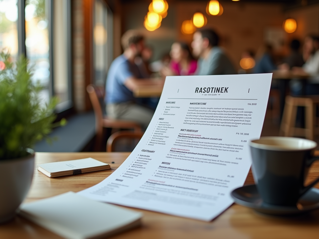 A menu from Rasotinek on a wooden table, with a coffee cup and a notepad, in a cozy café setting.