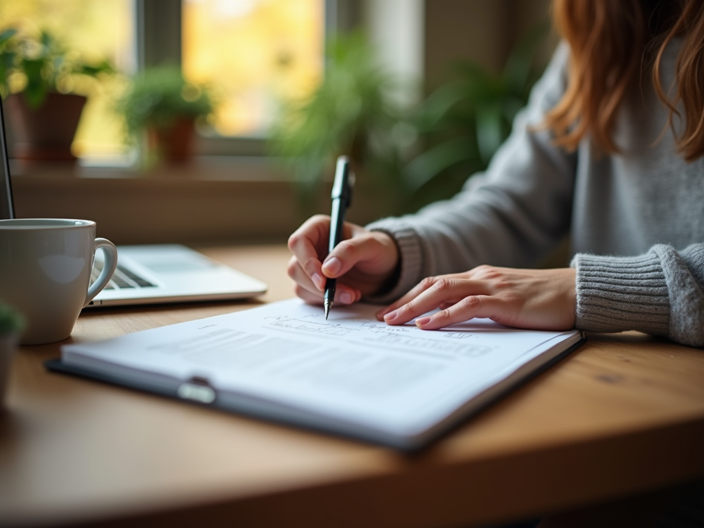 A person writing notes on a document, with a laptop and a coffee cup on a wooden table, surrounded by greenery.