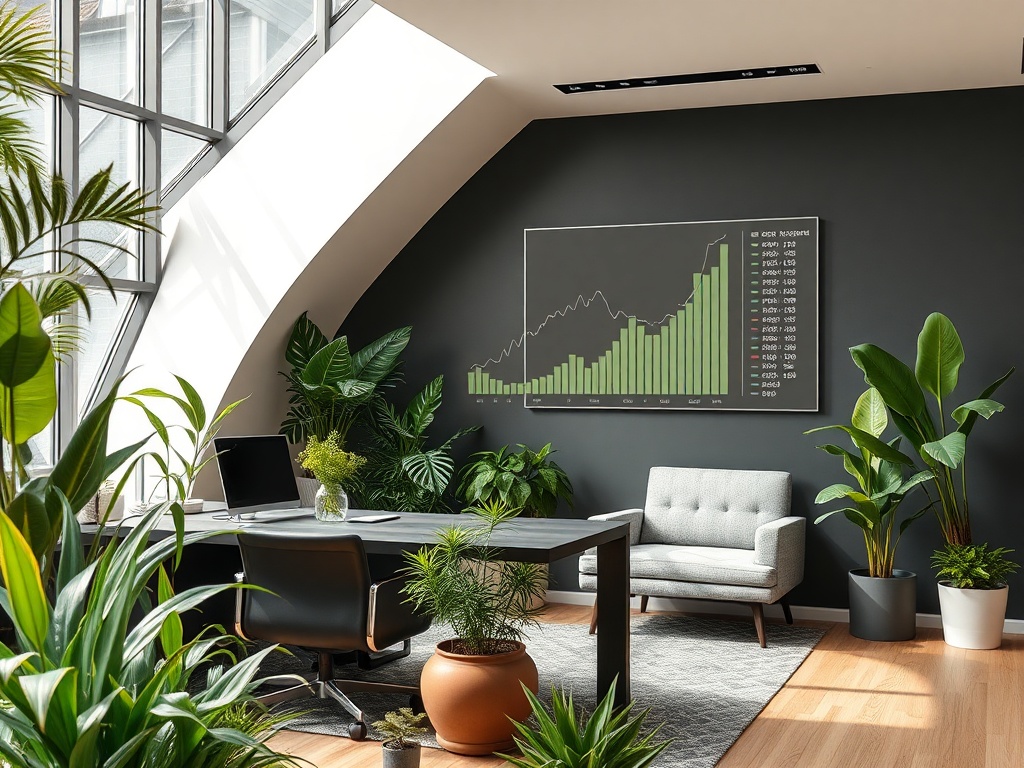 A modern office space with plants, a desk, and a large wall-mounted graph showcasing data trends.