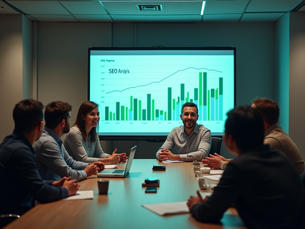 Professionals discussing a "SEO Analysis" graph in a meeting room.