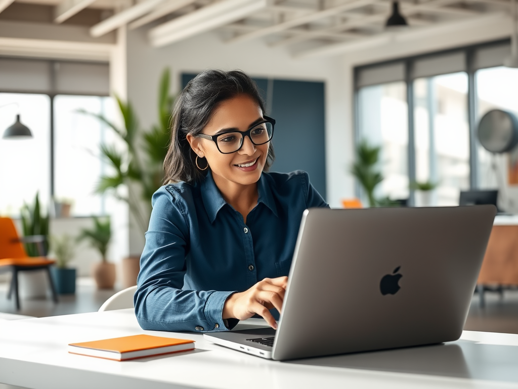 A smiling woman wearing glasses works on a laptop at a bright, modern office with plants and stylish furniture.