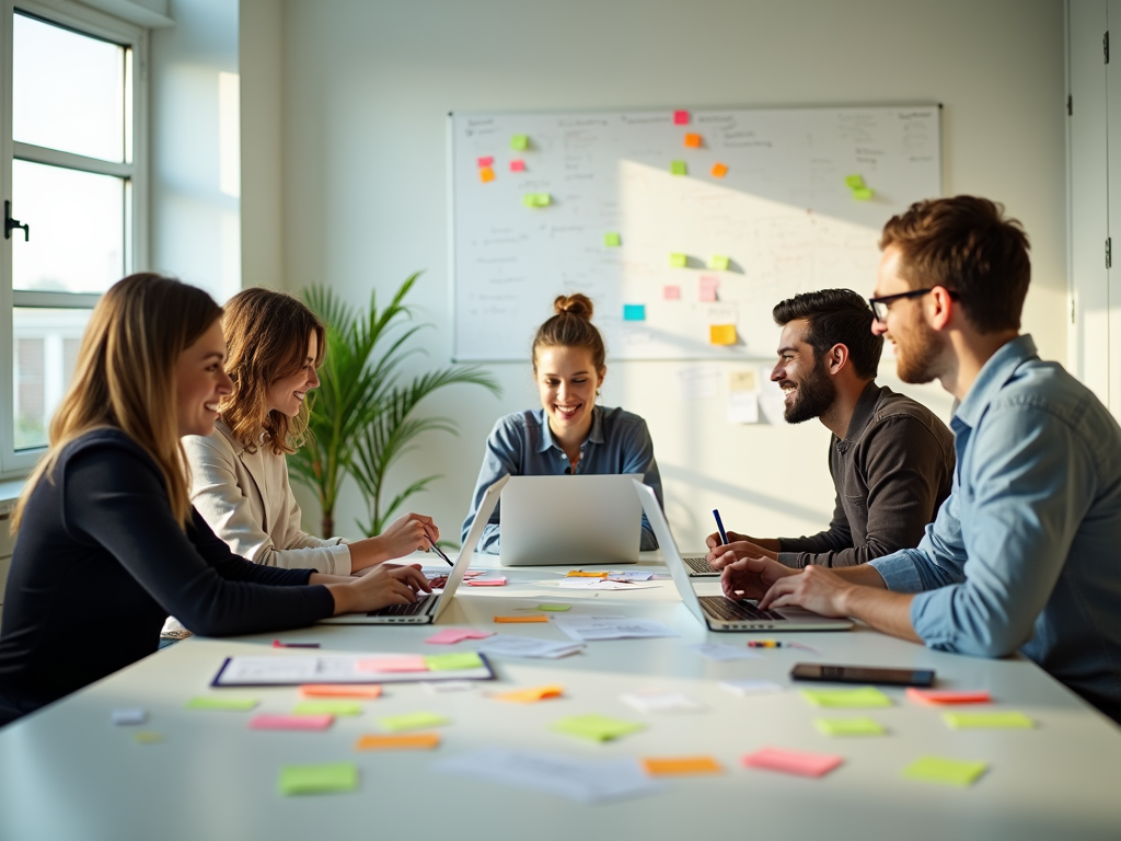 A diverse group of five people collaborates around a table with laptops and sticky notes, discussing ideas.