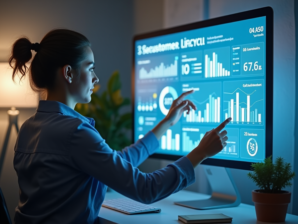 Woman analyzing financial data on large computer screens in a dark office.