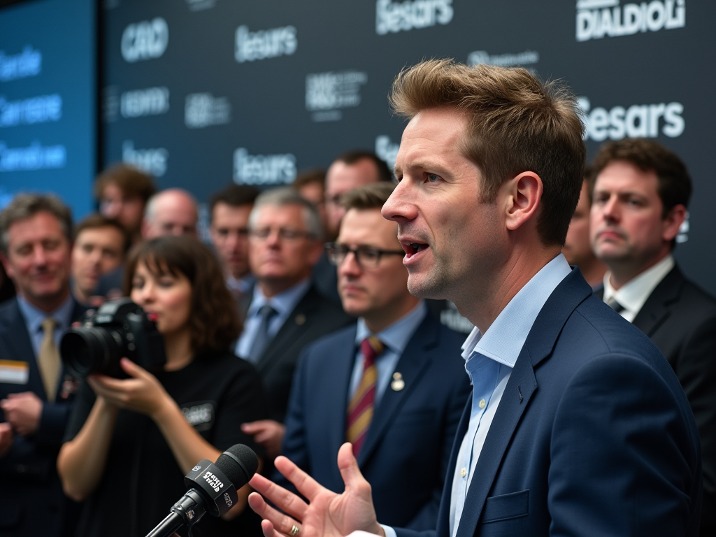 Man speaking at a press conference with blurred background of audience and photographers.