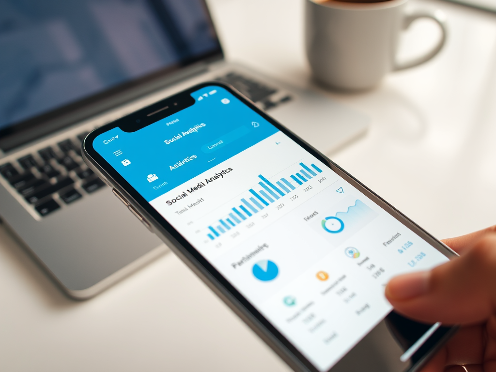 A smartphone displaying social media analytics, with a laptop and a coffee cup in the background.