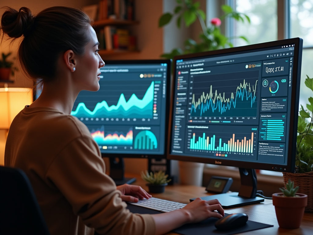 Woman analyzing financial data on dual computer screens in a cozy office setting.