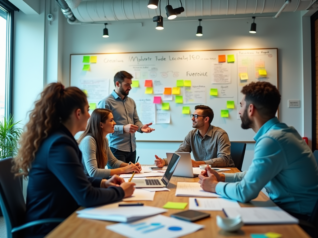 A team of professionals engaging in discussion around a table in an office with sticky notes and whiteboards.