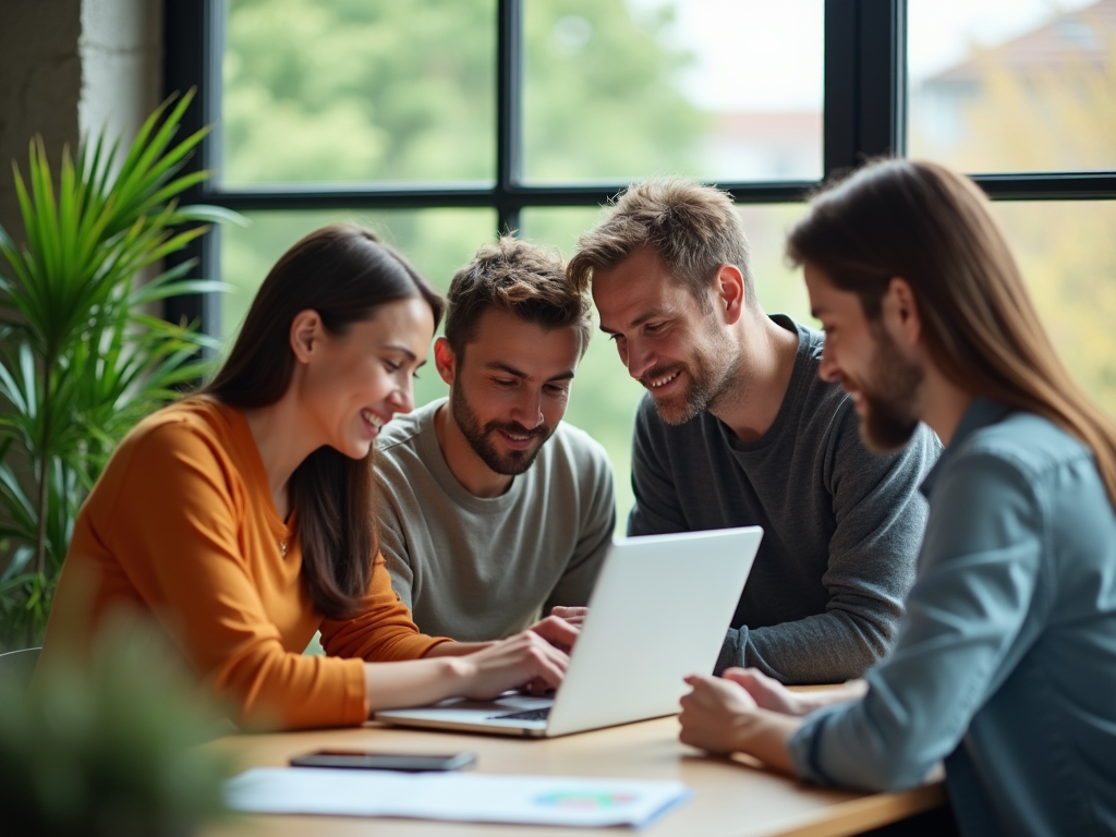 Four colleagues smiling and looking at a laptop in a bright office setting.