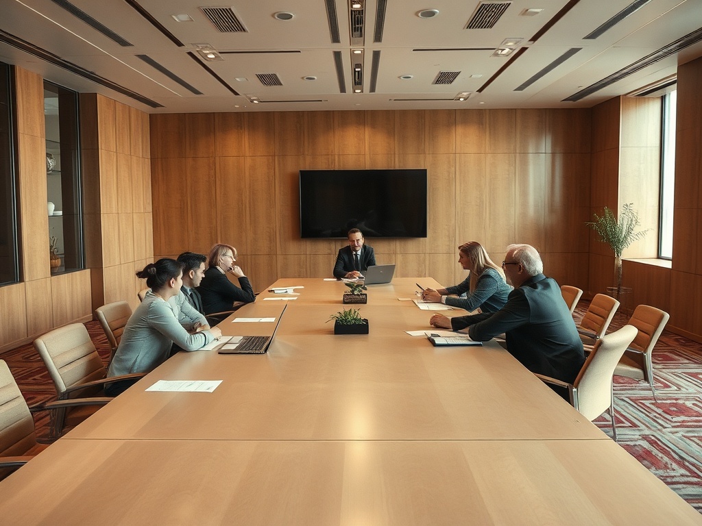 A group of six people in a modern conference room engaged in a business meeting around a long table.
