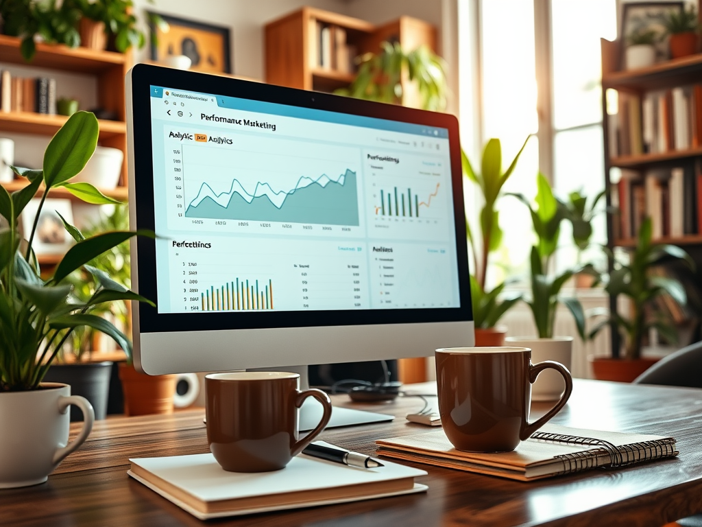 A workspace featuring a computer displaying performance marketing analytics, surrounded by plants and coffee mugs.