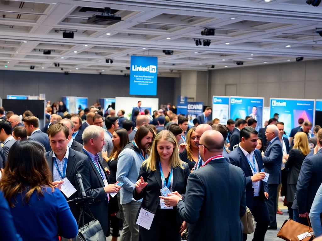 A busy conference scene with professionals networking, discussing, and interacting in an indoor venue.