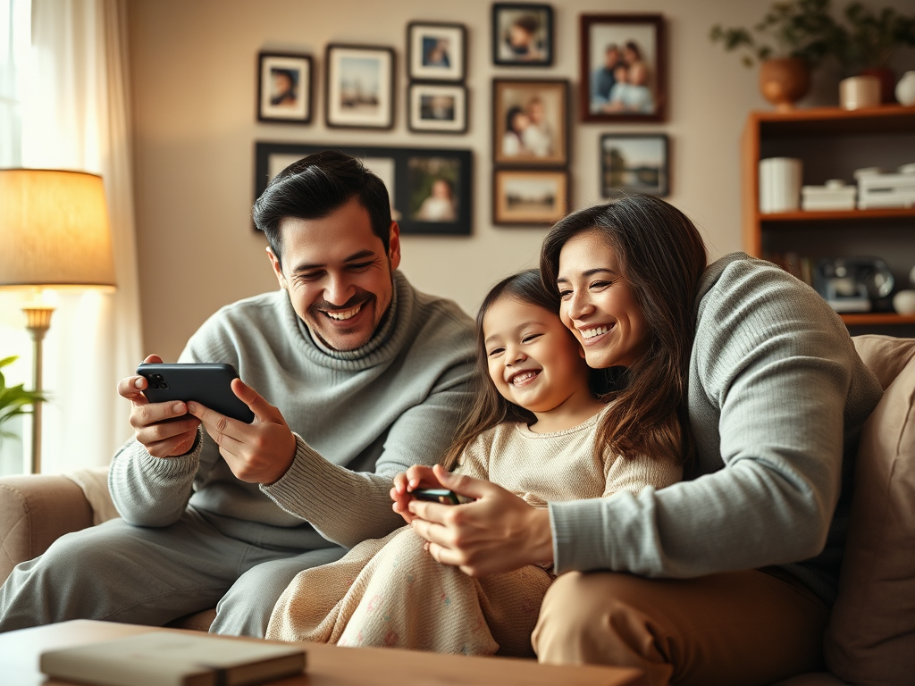 A happy family sits together on a couch, playing games on their phones and smiling in a cozy living room.