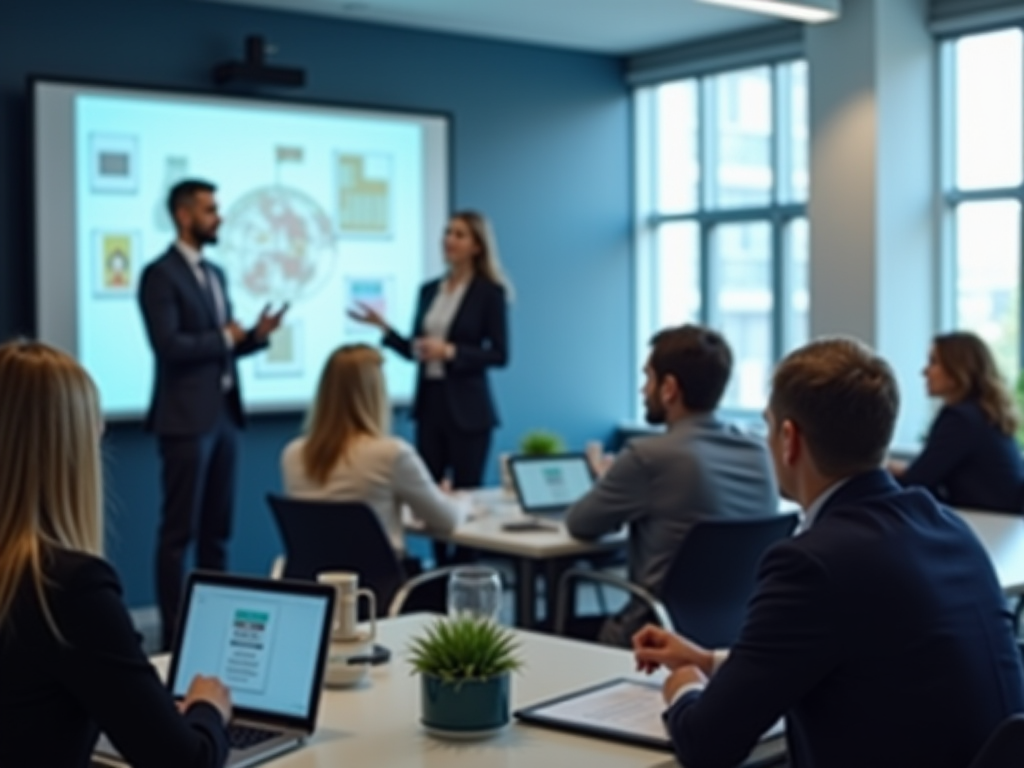 Two business professionals presenting to a group in a modern office meeting room.