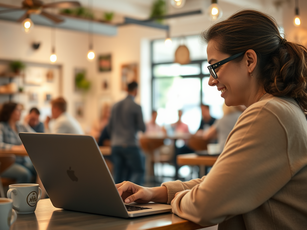 A woman with glasses smiles while typing on her laptop in a busy café, surrounded by other patrons.