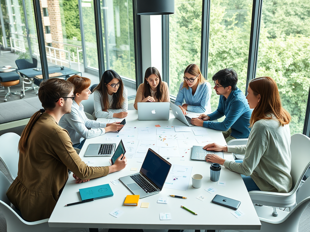 A diverse group of seven people collaborates around a table, discussing projects with laptops and notes in a bright office.