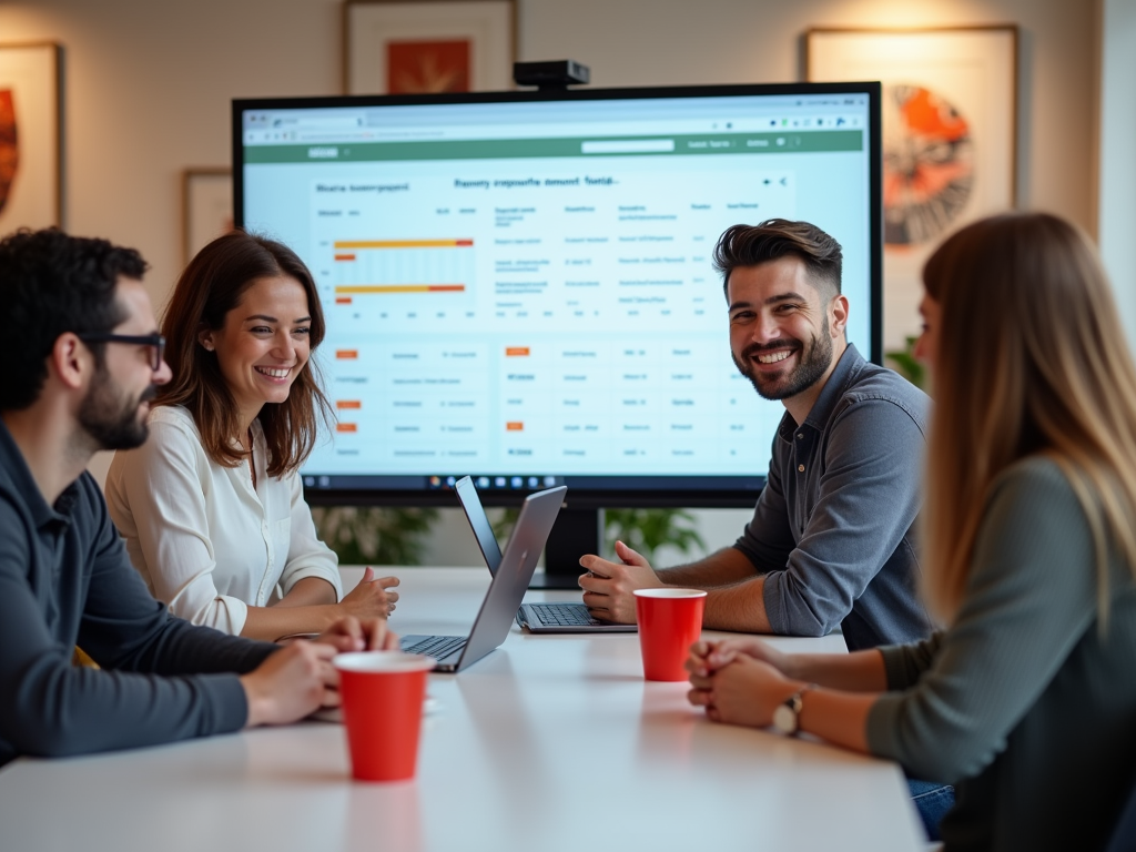 A group of four professionals sitting at a table, smiling, with a laptop and a large screen showing data analysis.