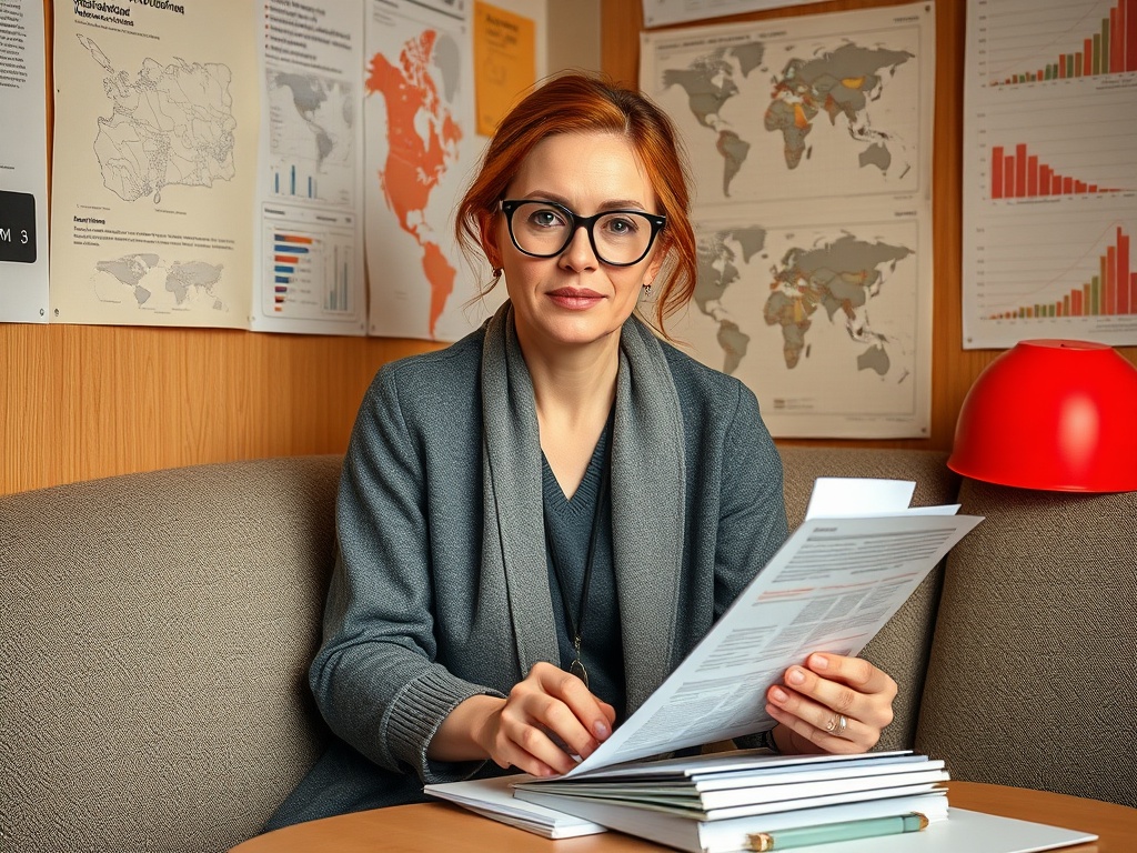 A woman in glasses sits at a table with documents, surrounded by maps and charts in a well-lit office.