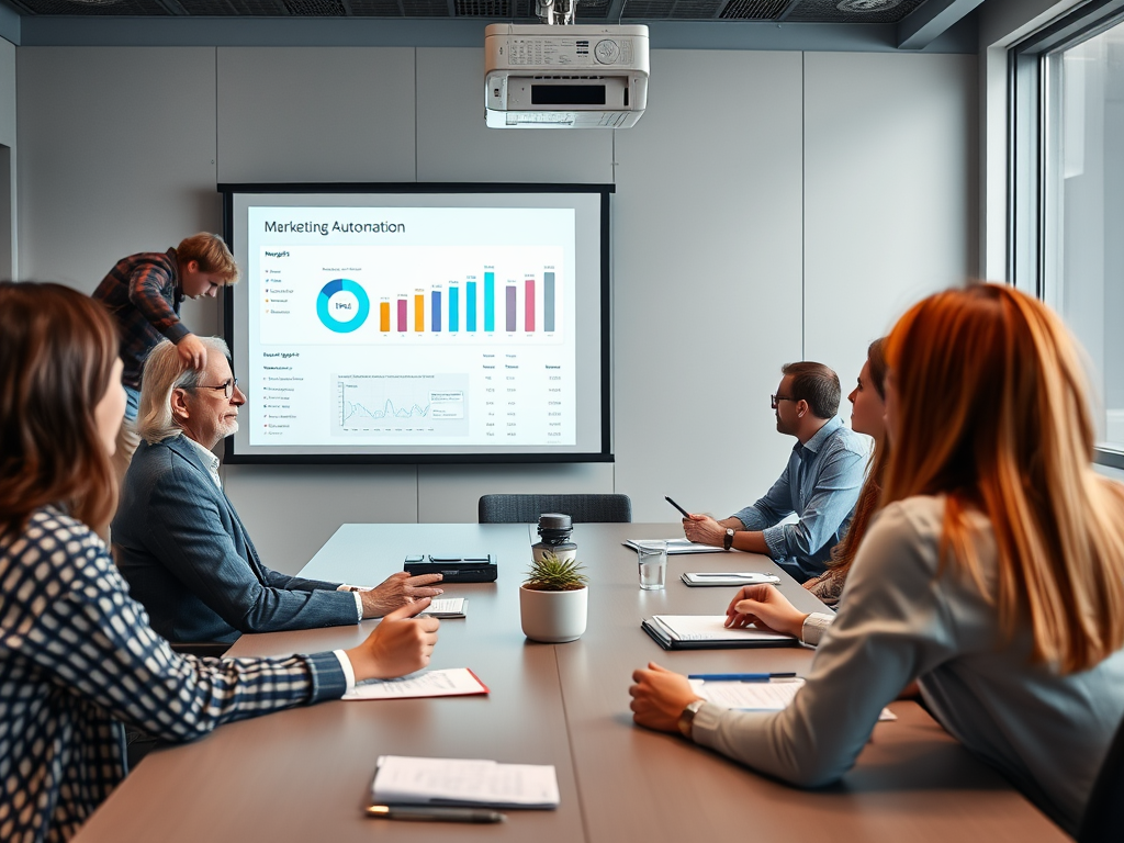 A business meeting in a modern conference room with a presentation on marketing automation displayed on the screen.