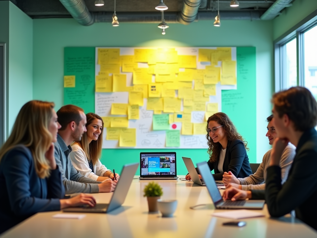 Team of colleagues discussing work at a table with laptops in a brightly lit office with a board full of sticky notes.